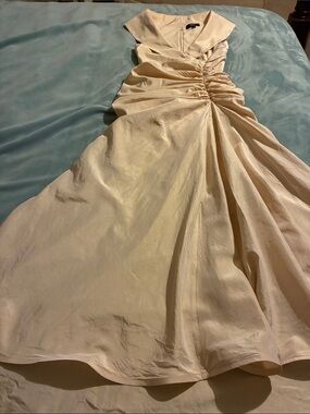 Tadashi Shoji Champagne Ruched Maxi Gown